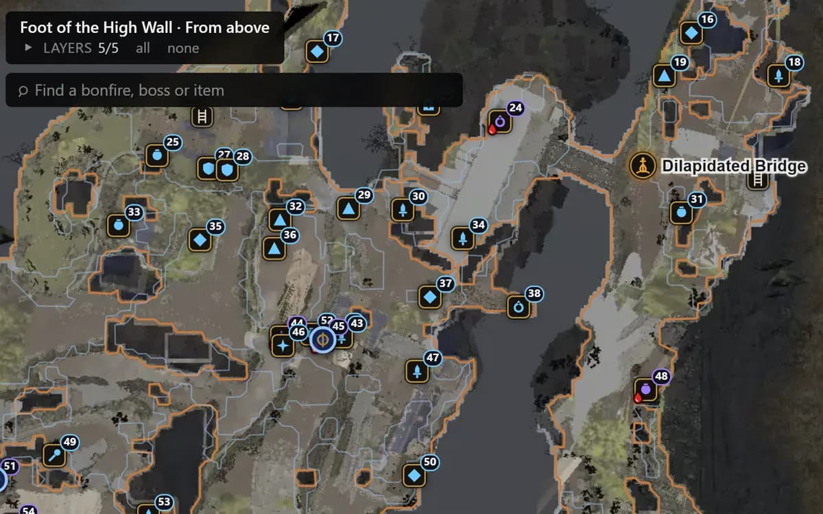 Dark Souls Tracker interface: a close-up of the Undead Settlement map with bonfire and item markers, each type with its own icon