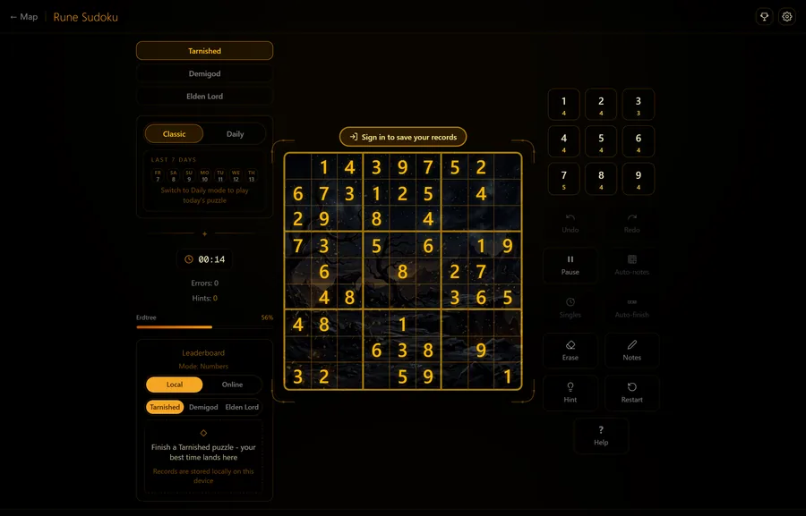 The Sudoku page: the board, difficulty selection, timer and leaderboard