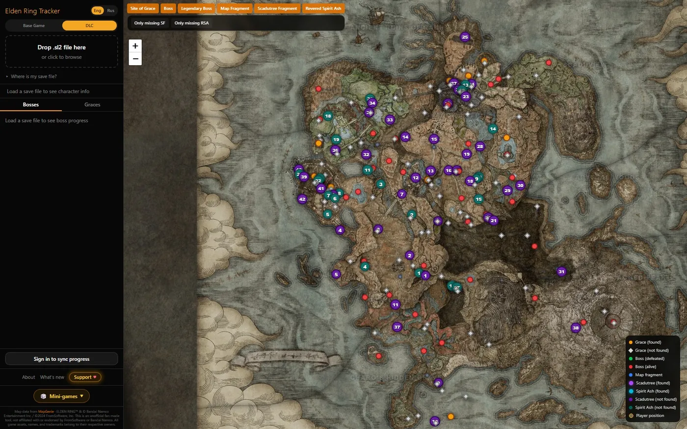 Elden Ring Tracker interface: the DLC map with boss, Site of Grace and collectible markers, with the save-loading panel on the left