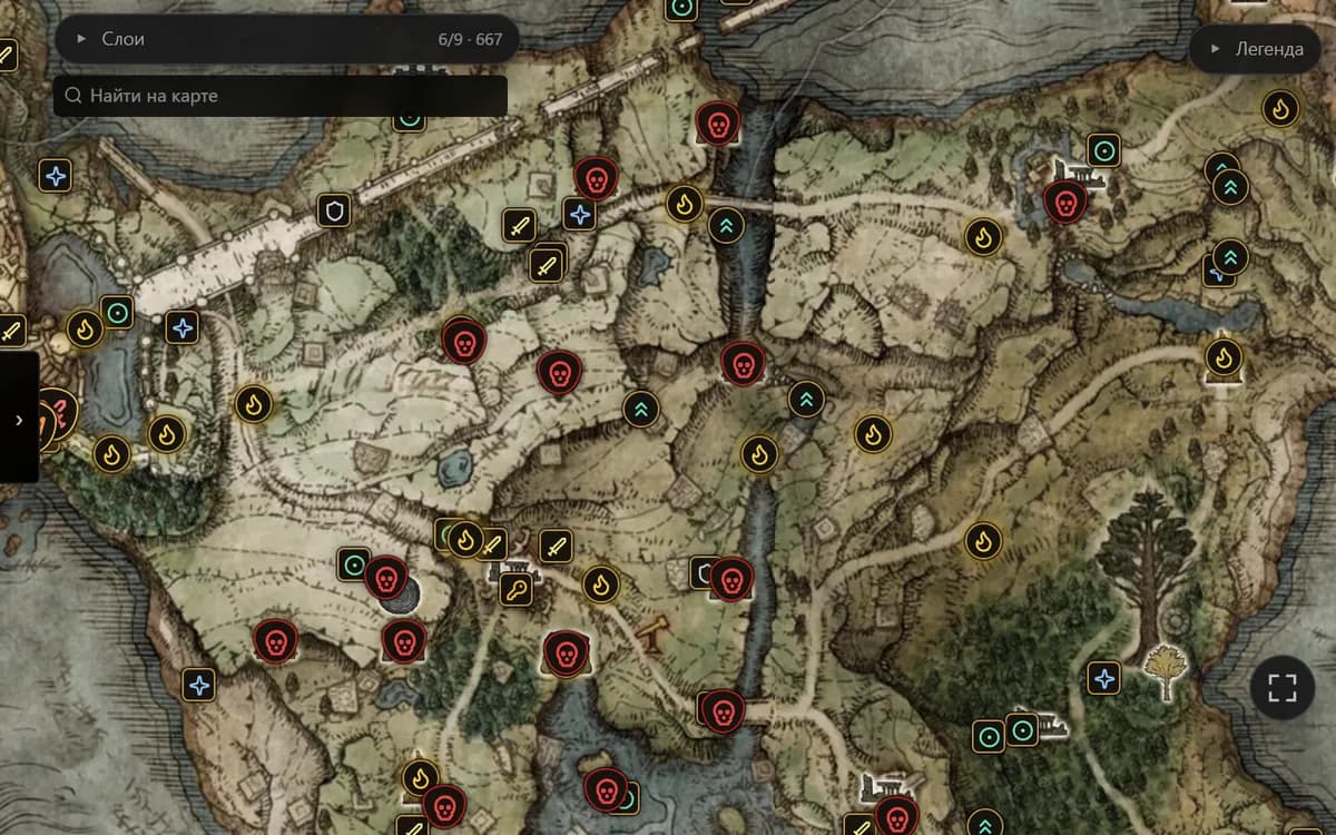 The Lands Between map with Grace, boss and location markers